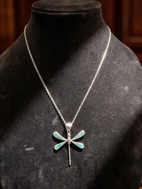 Silver Dragonfly Pendant Necklace with Blue-Green Inlay